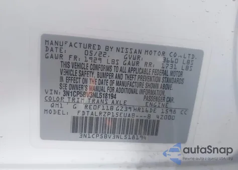 2022 Nissan Kicks S Xtronic Cvt from USA, damaged, VIN 3N1CP5BV3NL518194